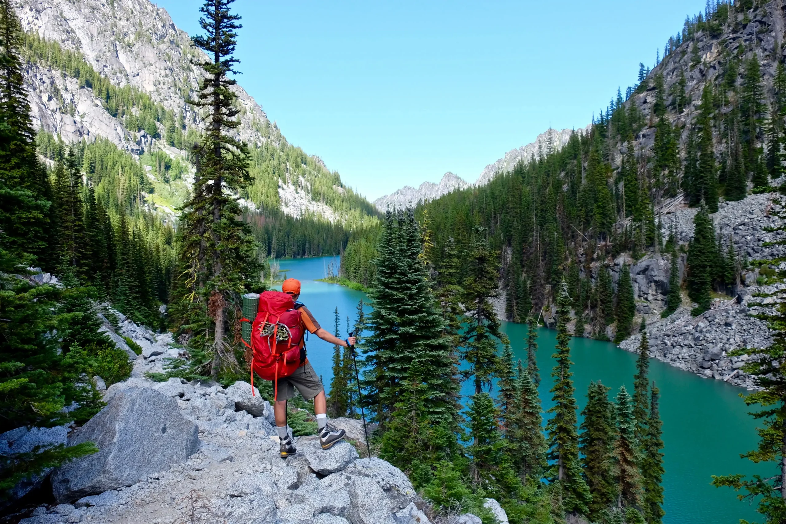 Hiker standing on rocks by a river surrounded by trees with mountain in the background