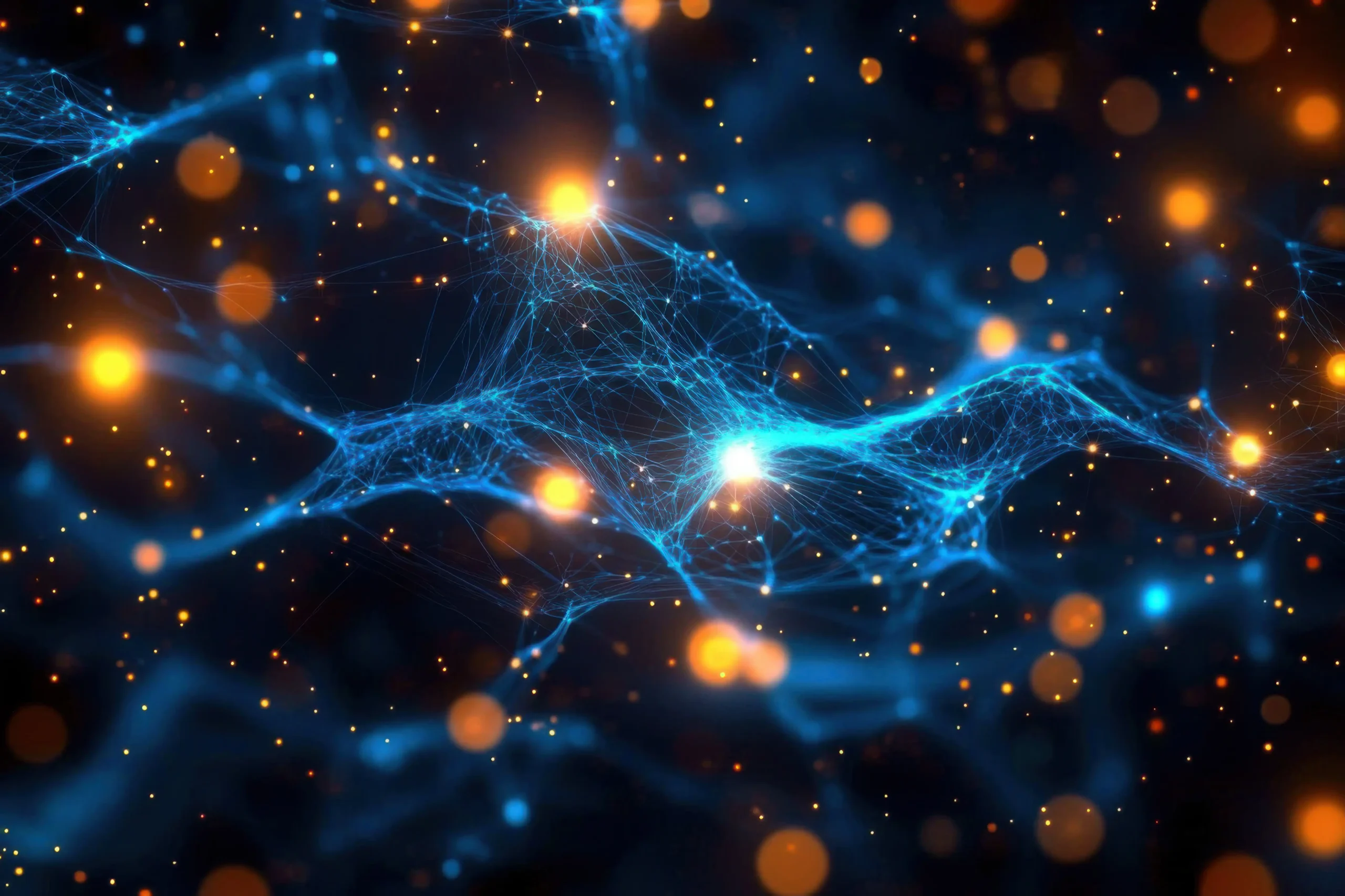 Stylized digital graphic of an interconnected web with bright yellow circles.