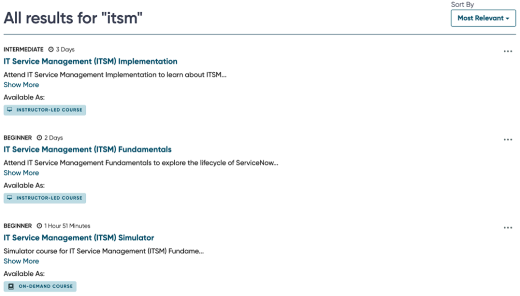 Screengrab from NOW Learning showing a list of ITSM courses as a filtered list.