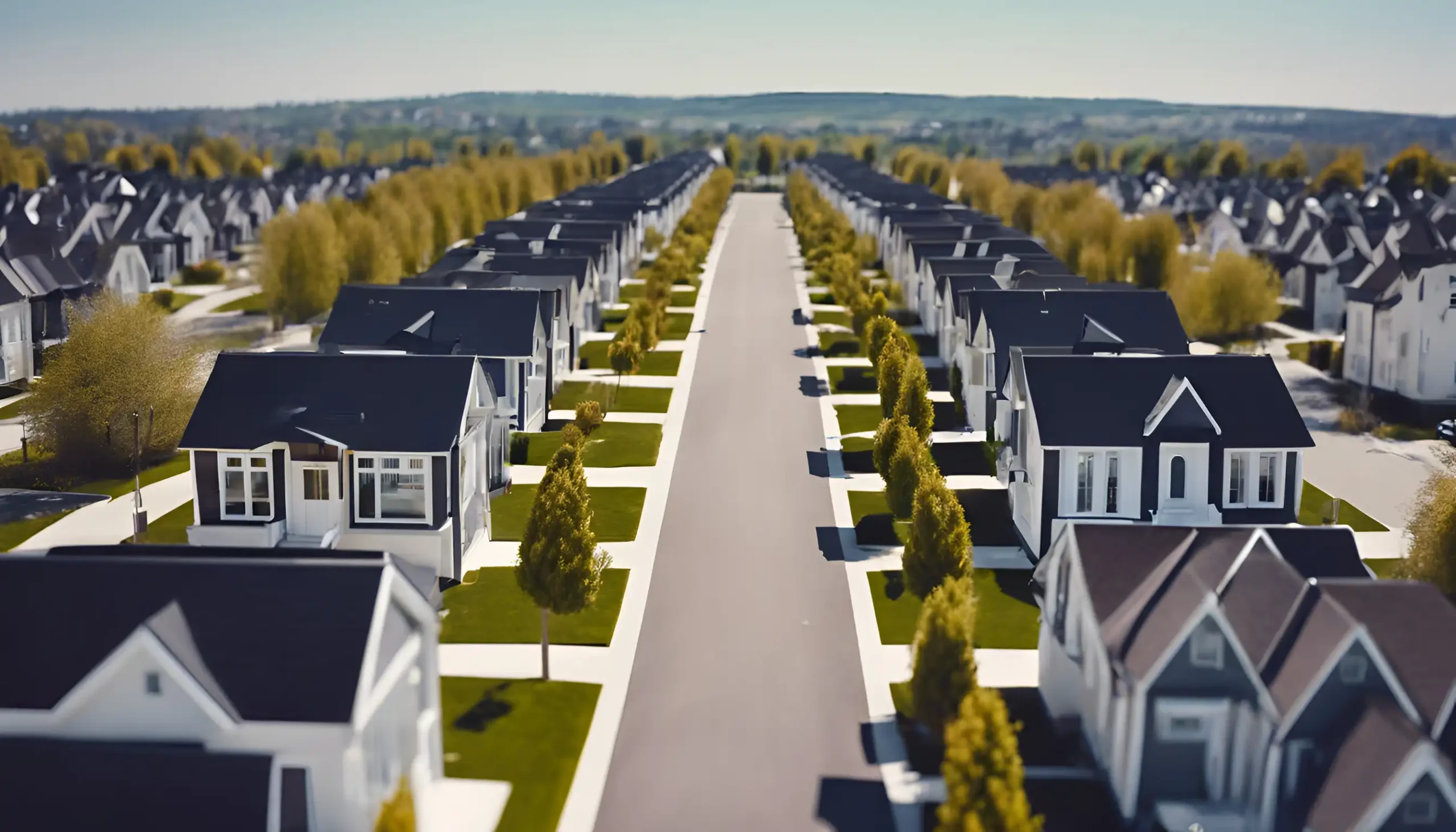 Rows of identical houses linking a suburban street