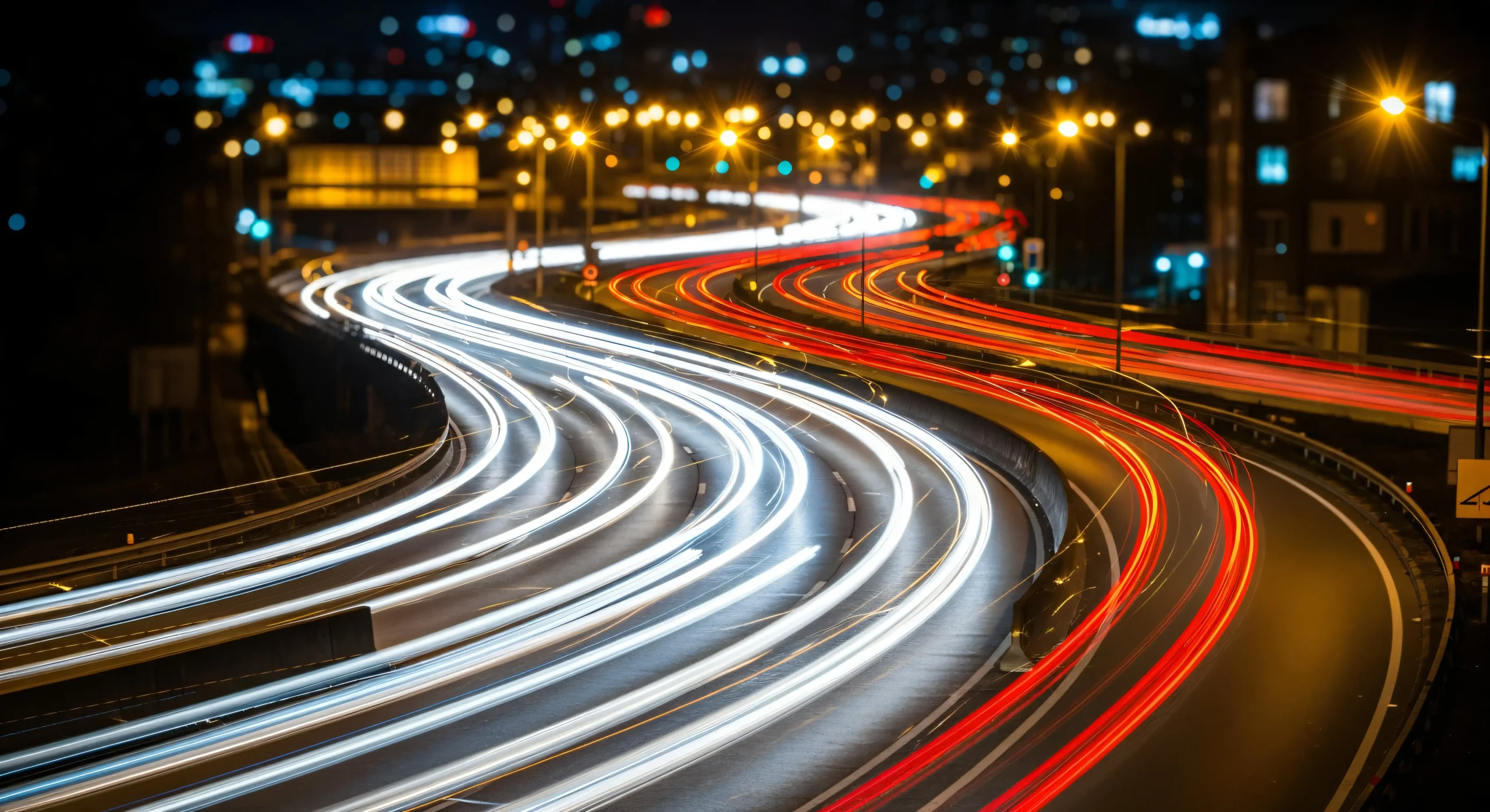 Multiple lanes of highway running in both directions with traffic