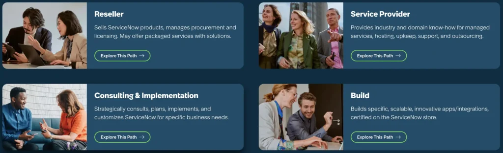 The four ServiceNow partner types listed in blocks - screenshot from Partner Finder.