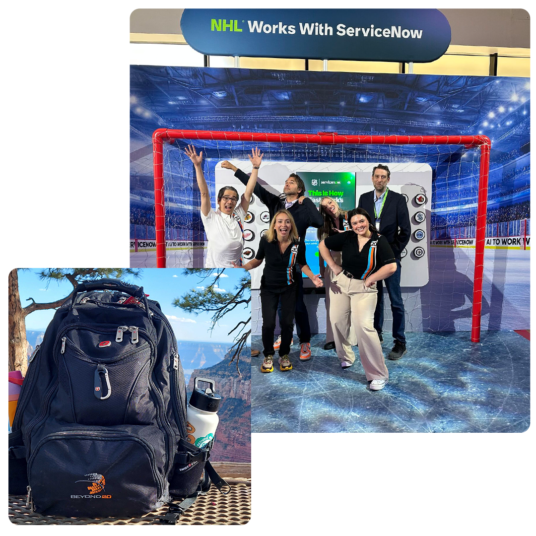 Beyond20 backpack and team photo