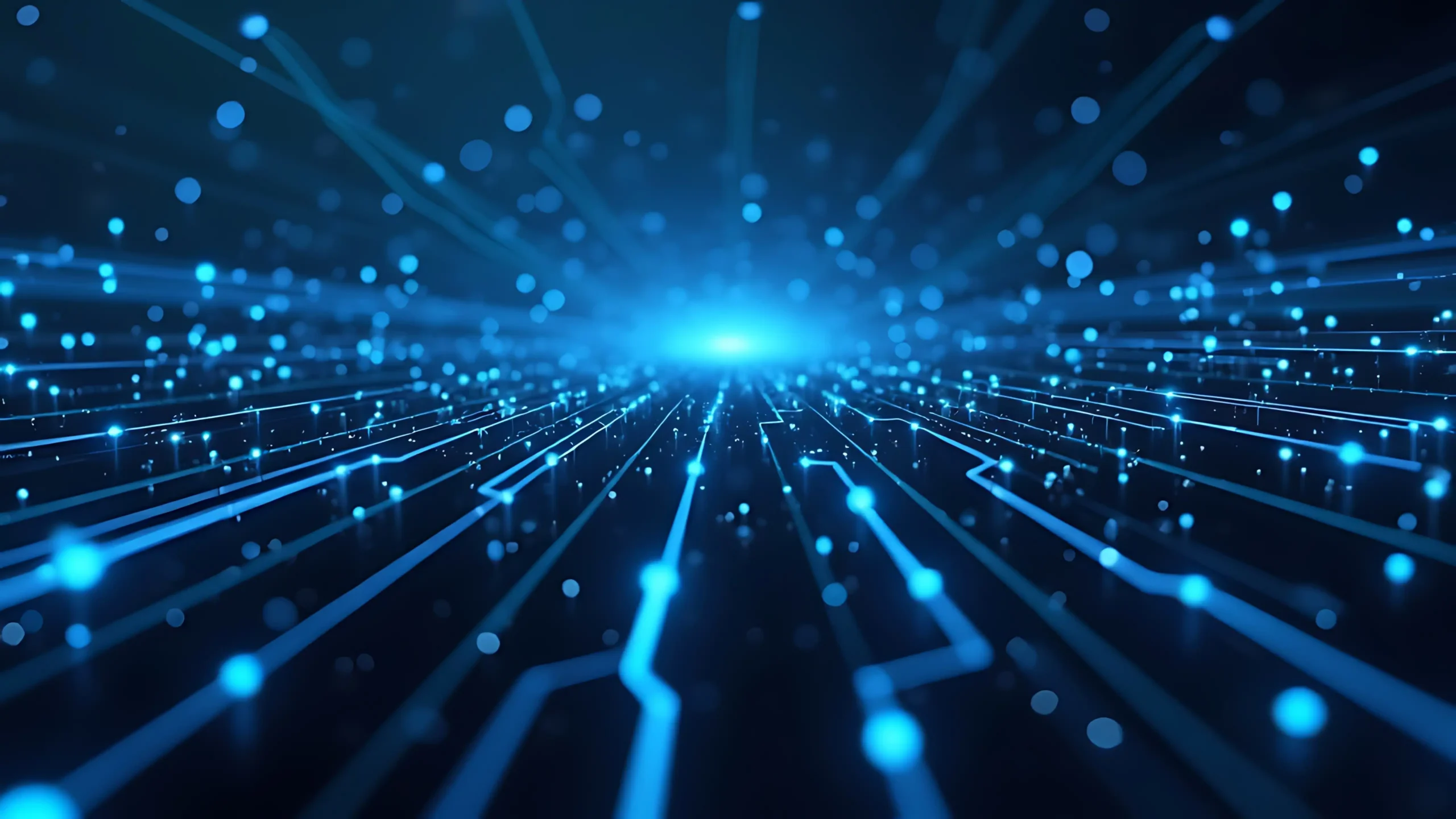 Abstract of connected digital lights coming together toward a blue horizon line in the distance.