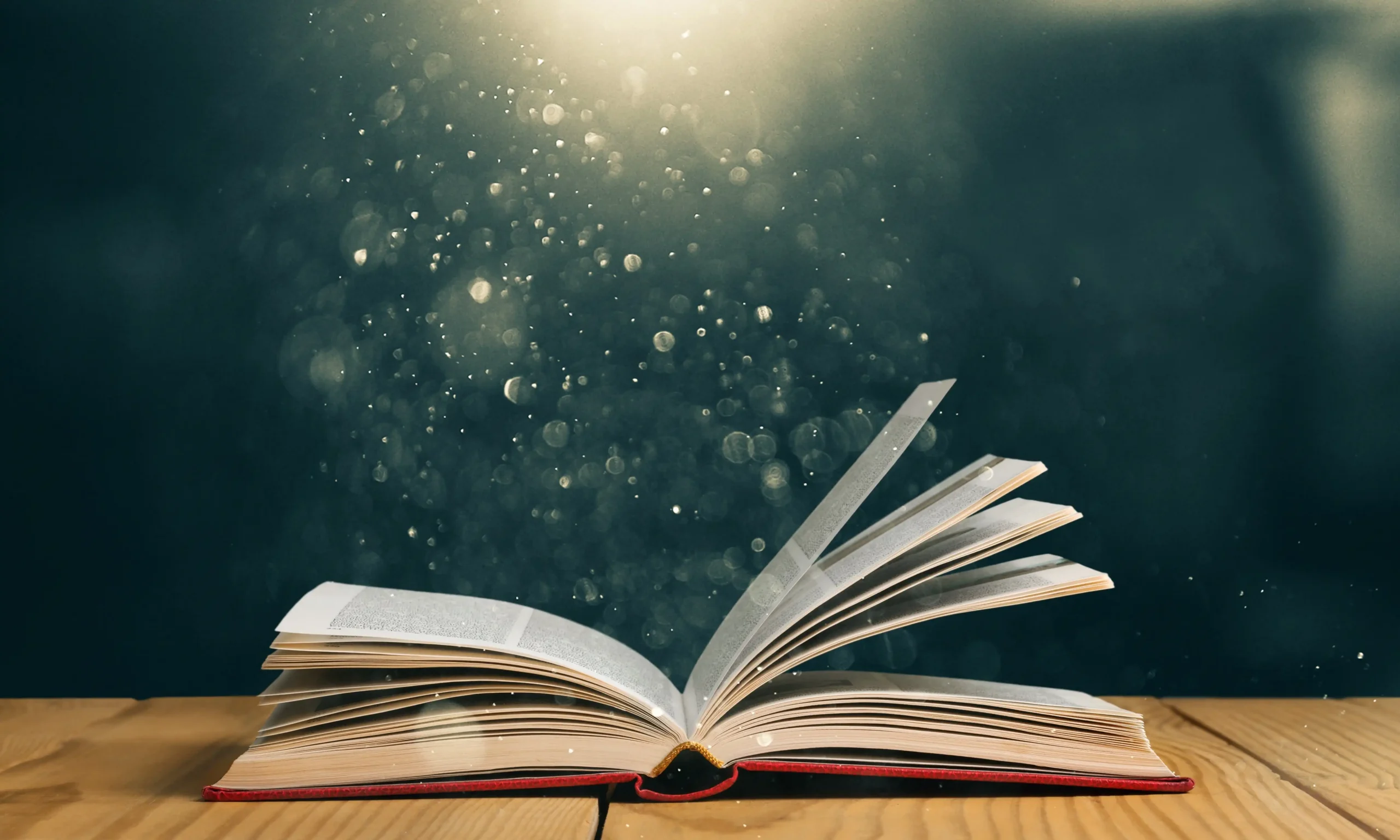 open book on desk with light shining on it