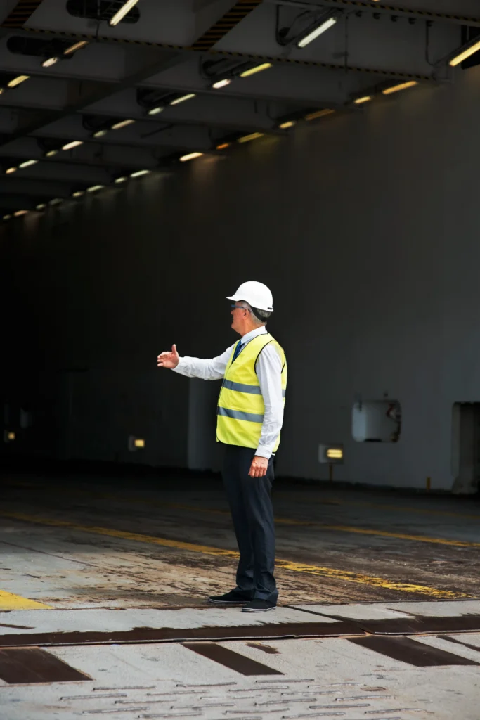 Man wearing helmet and vest in shipping container