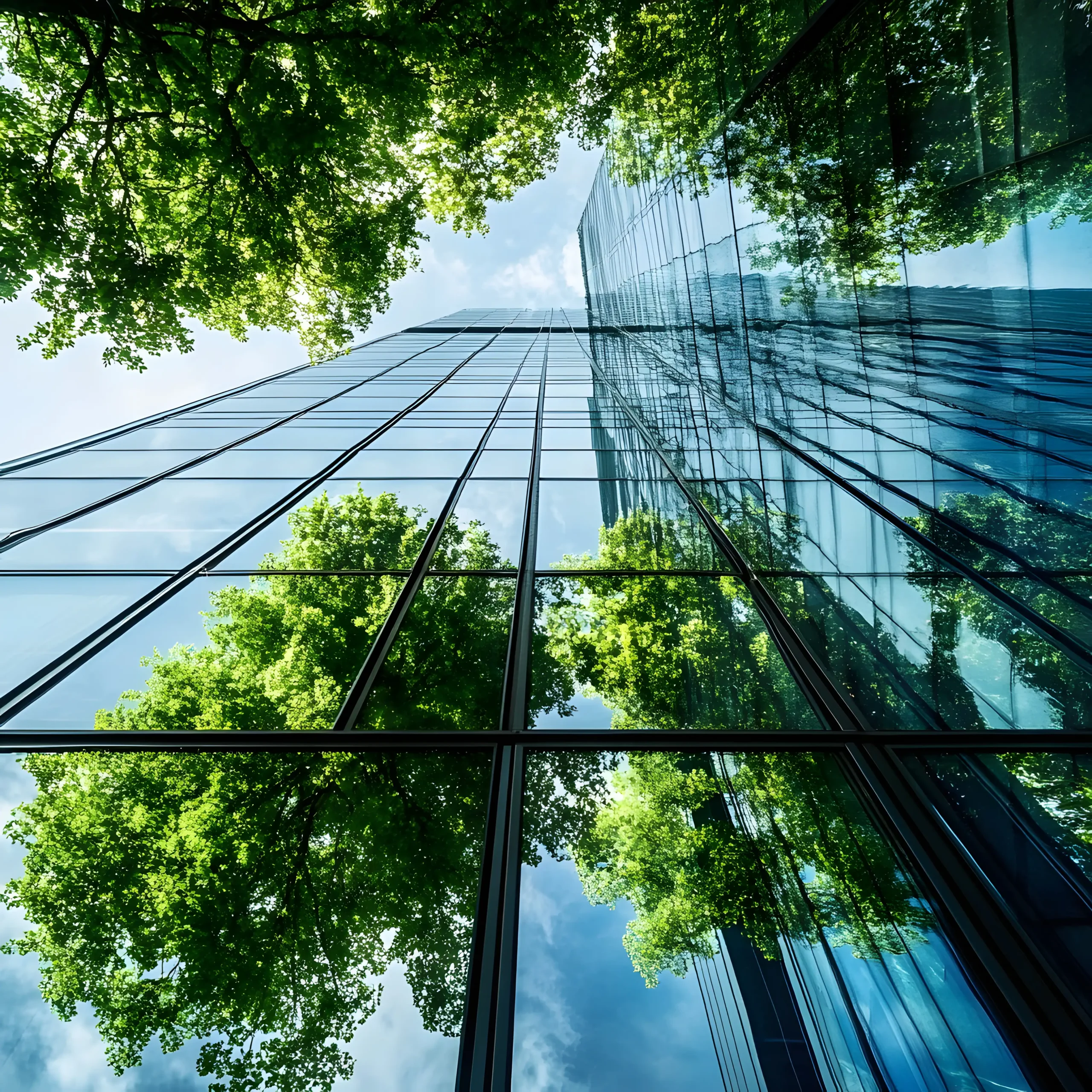 sky scraper with trees reflected in the large glass windows